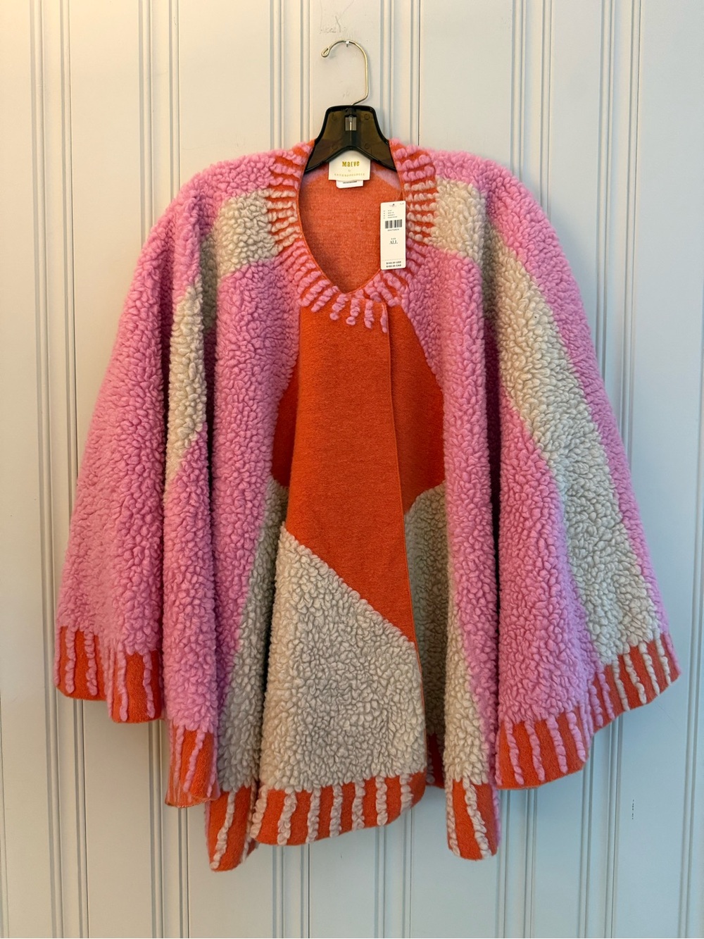 Anthropologie Colorblock Plush Cape - Pink, Orange & Cream